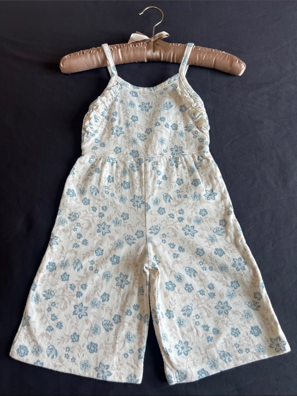 Cream Floral Cotton One-Piece Jumpsuit with Light Blue bird and flower Print